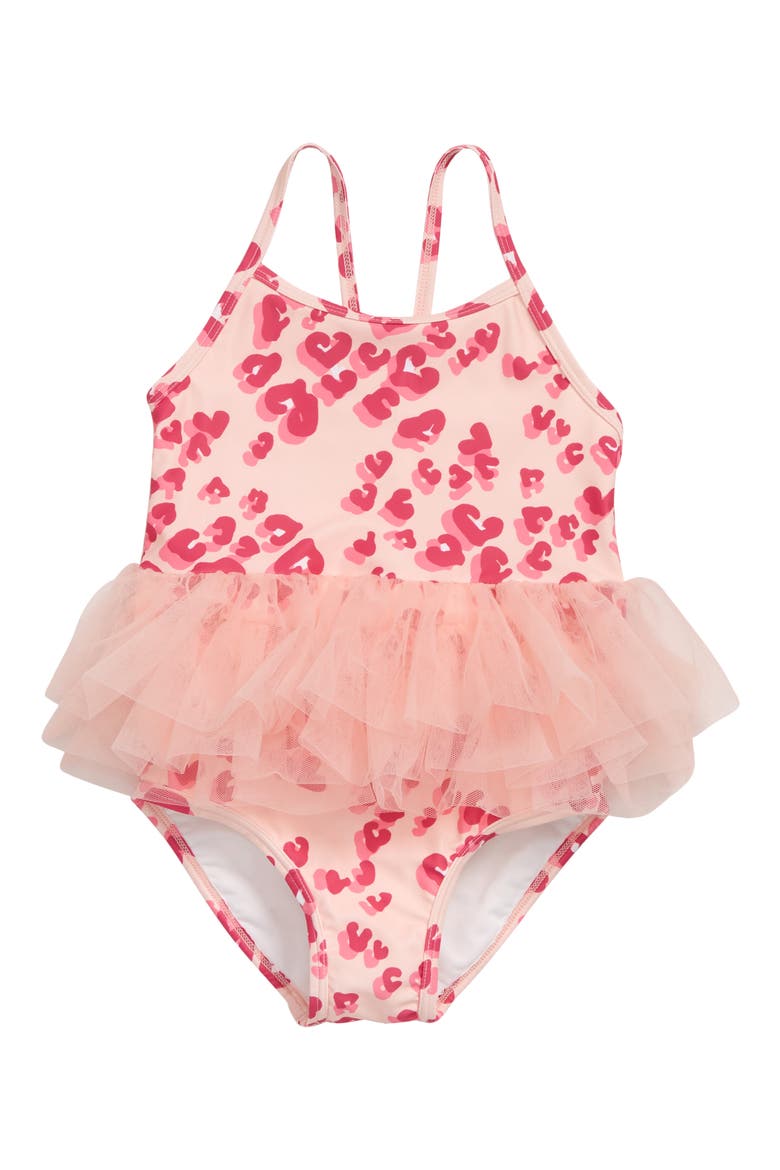 Kids' Sweet Tutu One-Piece Swimsuit, Main, color, PINK CREAM LEOPARD HEARTS