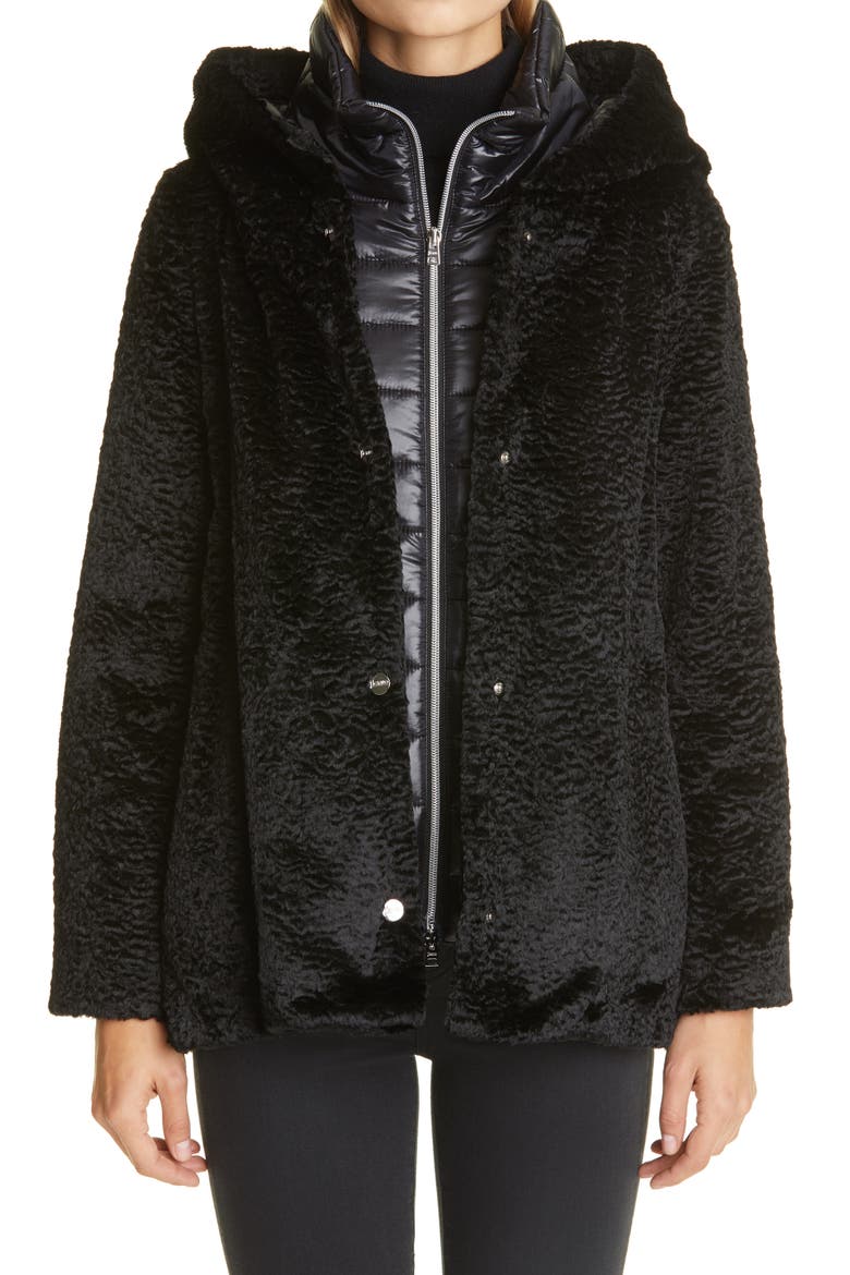 Hannover Hooded Faux Persian Lamb Fur Coat with Removable Down Bib, Main, color, BLACK