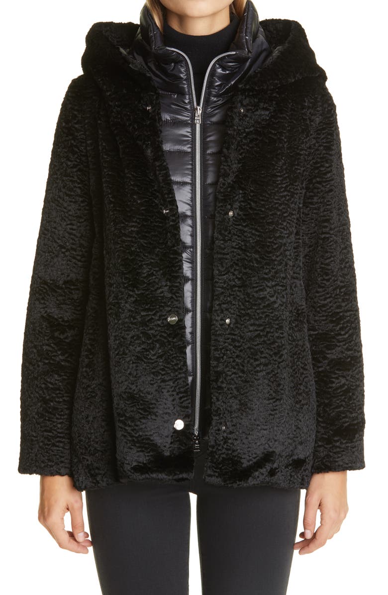 Herno Hannover Hooded Faux Persian Lamb Fur Coat with Removable Down Bib, Main, color, 