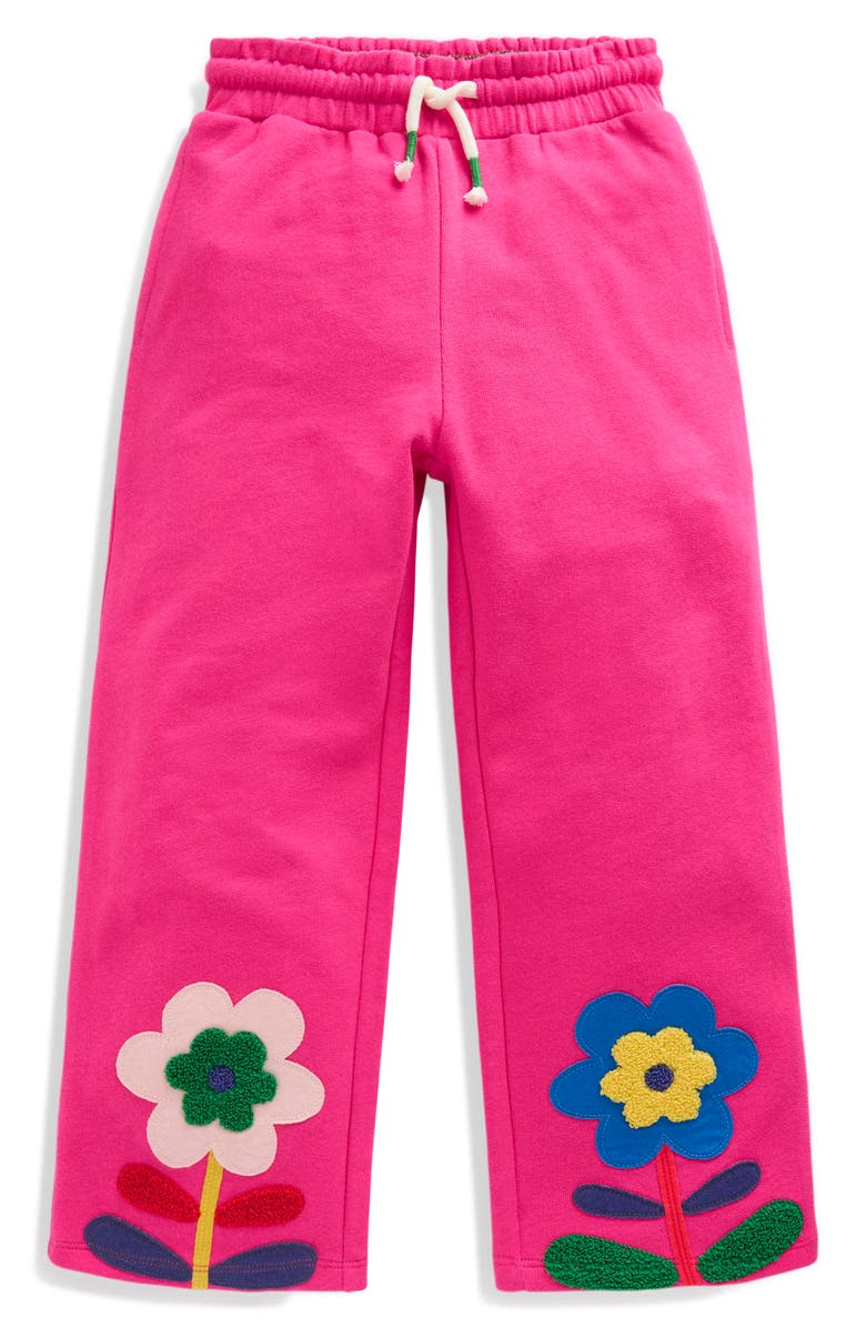 Mini Boden Kids' Appliqué Cotton Wide Leg Pants, Main, color, Raspberry Pink Flowers