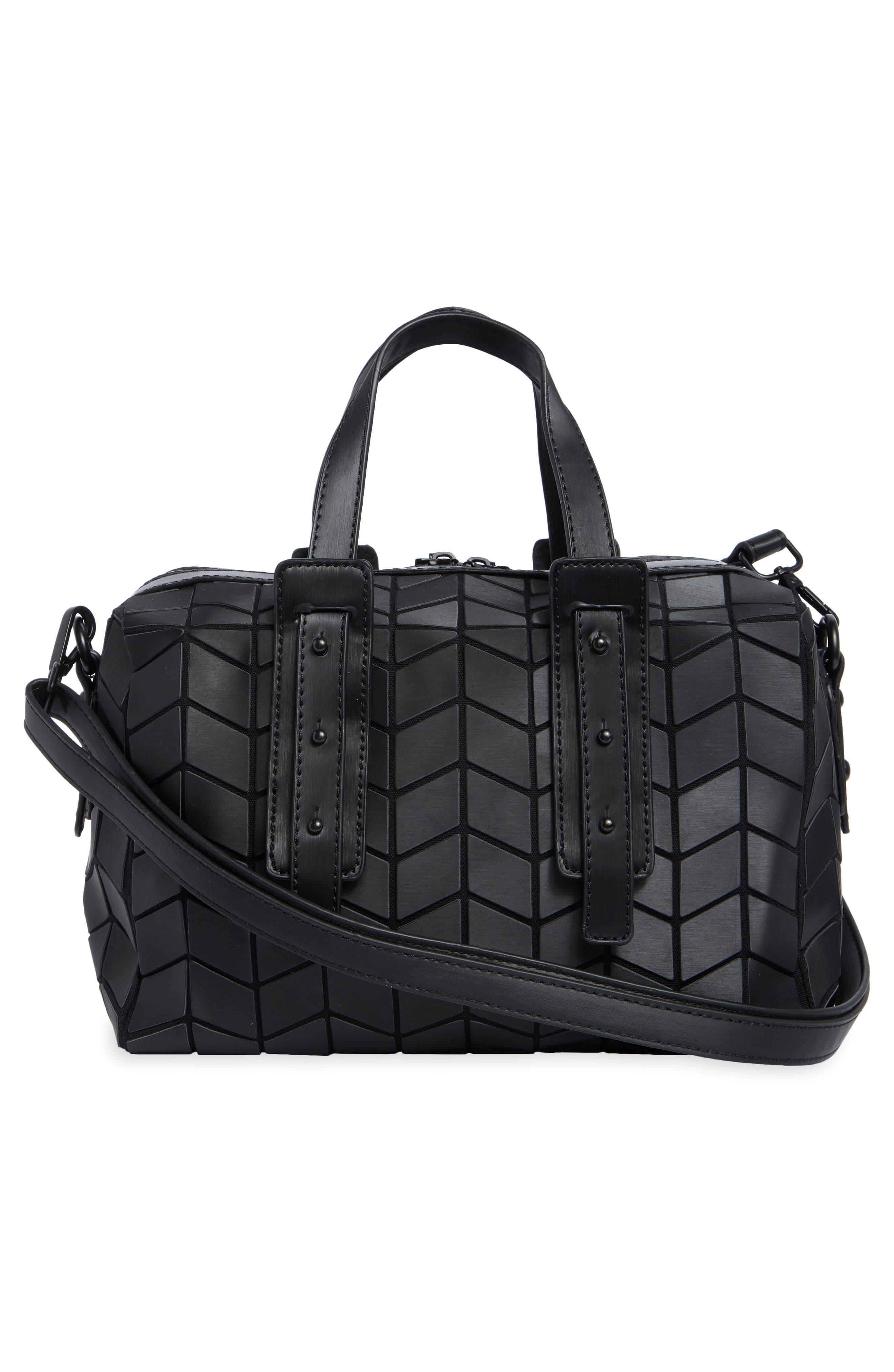 Chevron Faux Leather Satchel, Alternate, color, BLACK