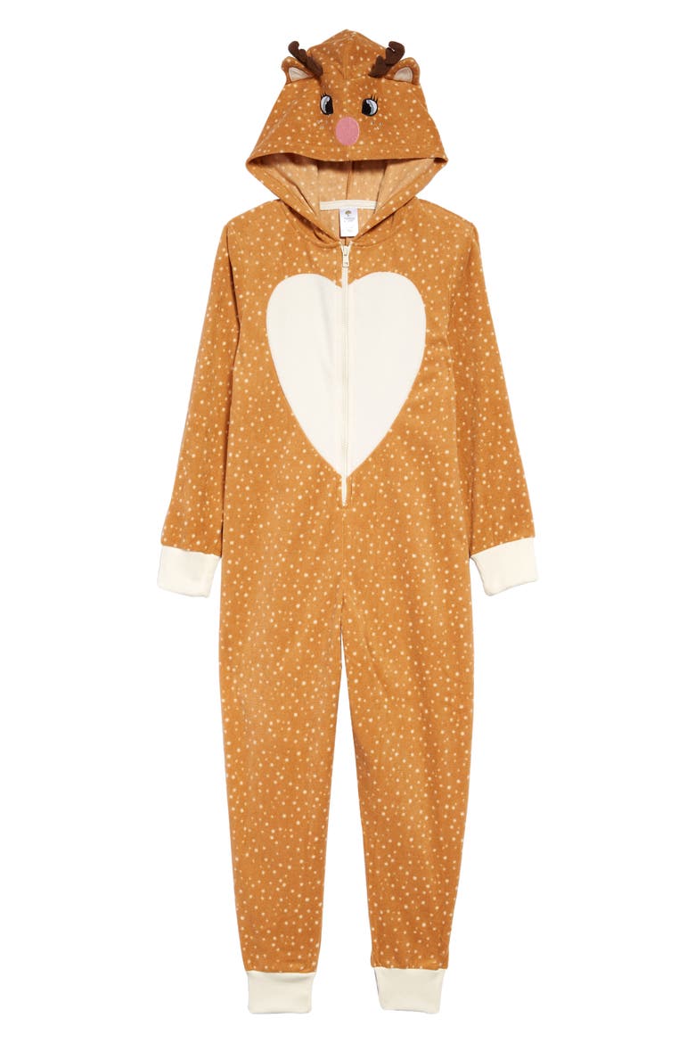 Hooded One-Piece Pajamas, Main, color, TAN DOE DOTTED FAWN