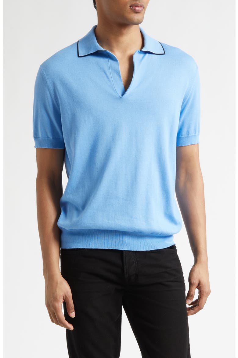 Tipped Silk & Cotton Polo Sweater, Main, color, AZURE BLUE