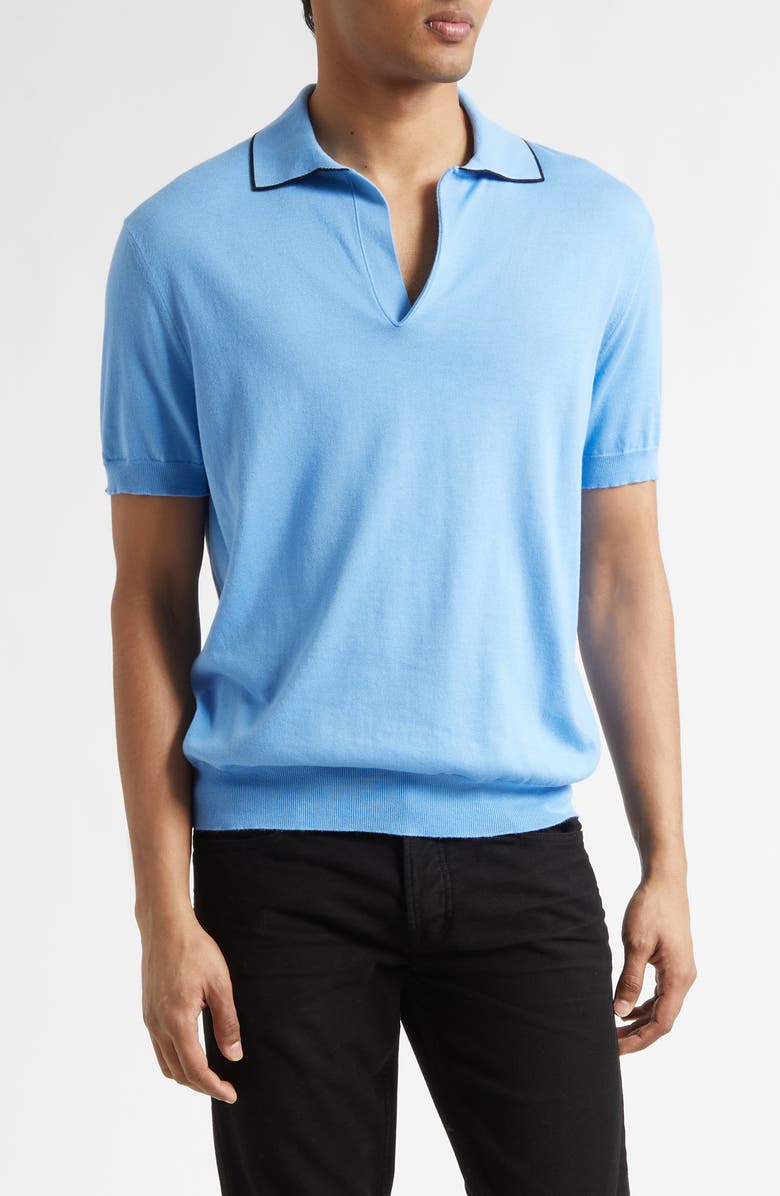 TOM FORD Tipped Silk & Cotton Polo Sweater, Main, color, Azure Blue