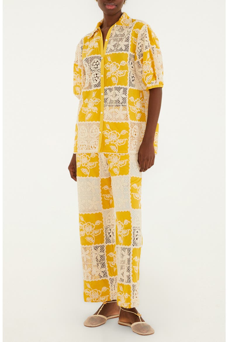 Lace Patchwork Cotton Button-Up Shirt, Alternate, color, OFF-WHITE/ YELLOW