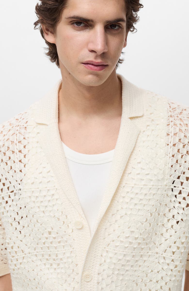 MANGO Cotton Blend Crochet Camp Shirt, Alternate, color, Ivory White