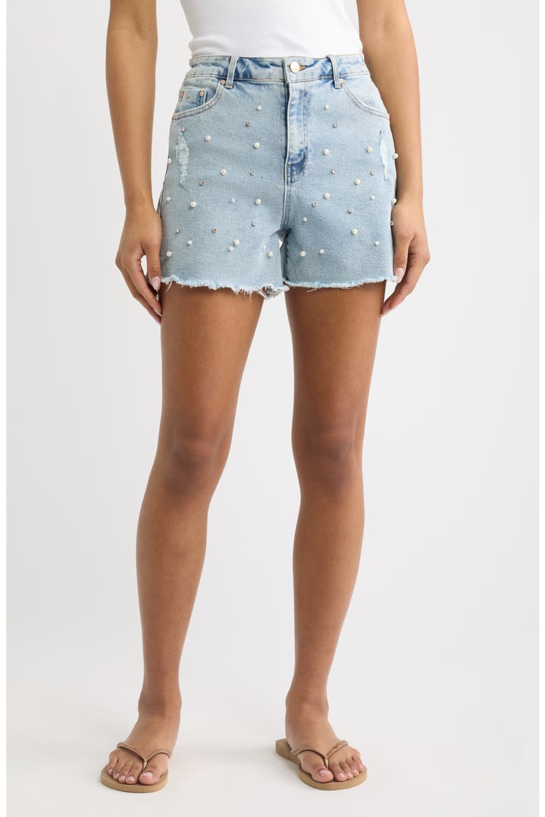 Imitation Pearl and Crystal Denim Cutoff Shorts, Main, color, LIGHT INDIGO