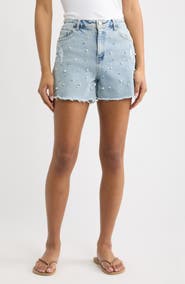Tractr Imitation Pearl and Crystal Denim Cutoff Shorts