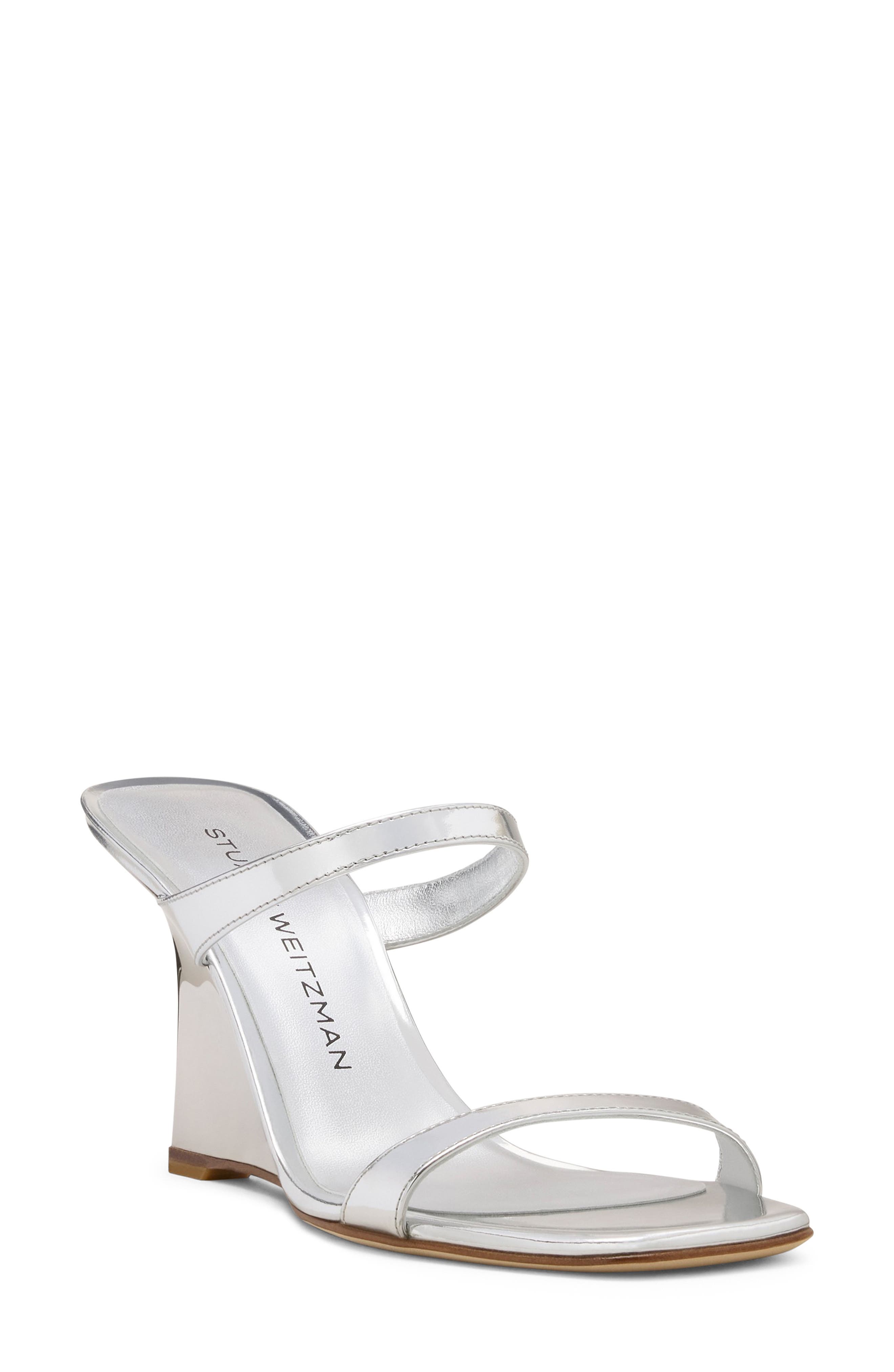 Stuart Weitzman Vinnie 85 Patent Leather Wedge Slide Sandal, Main, color, Silver