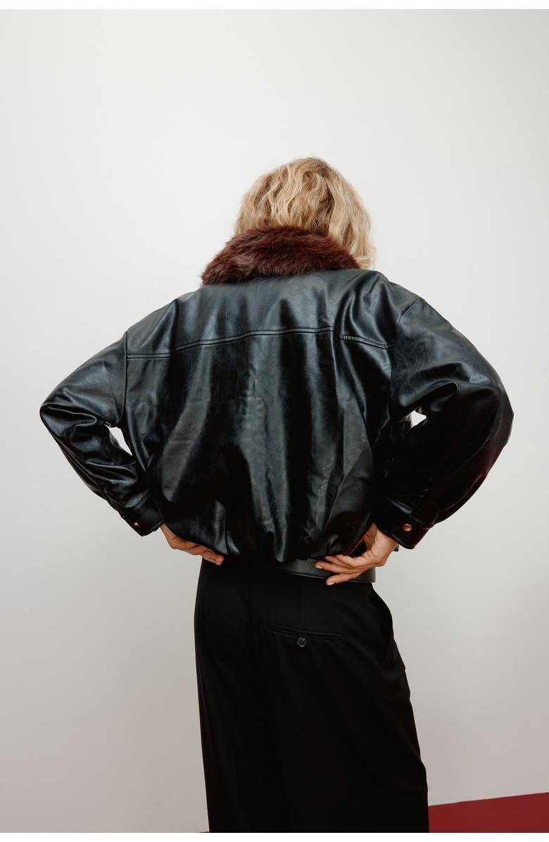 H&M Fluffy-collared Jacket, Alternate, color, Black/Brown