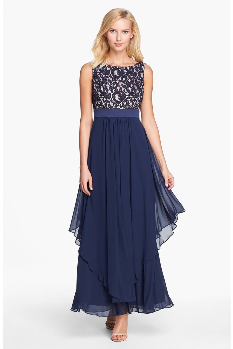 Lace & Chiffon Gown, Main, color, NAVY