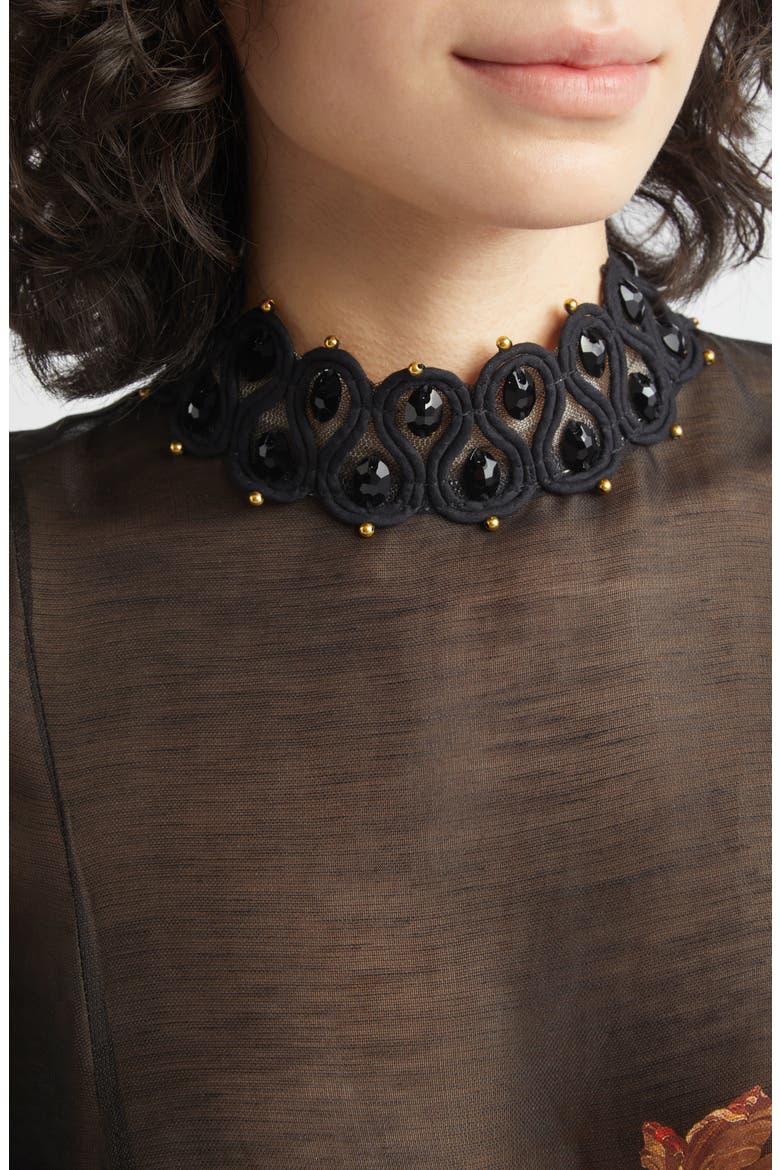 Valiant Embellished Floral Long Sleeve Linen & Silk Organza Dress, Alternate, color, BLACK FLORAL