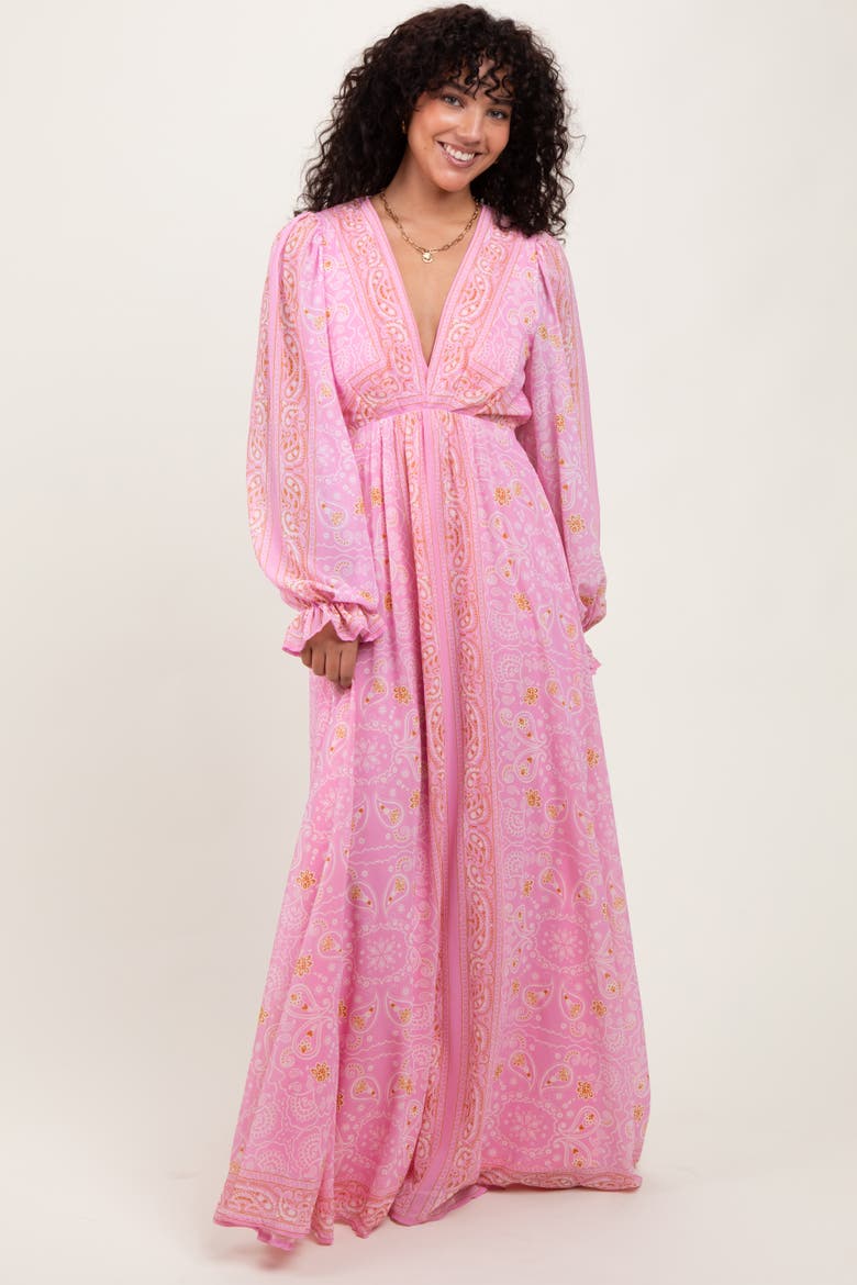 Paisley Deep V-Neck Long Sleeve Maxi Dress, Main, color, Pink