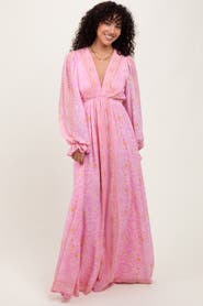 PinkBlush Paisley Deep V-Neck Long Sleeve Maxi Dress