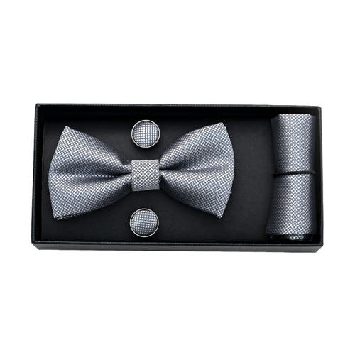 Moustache Crosshatch Bow Tie Set In Silver