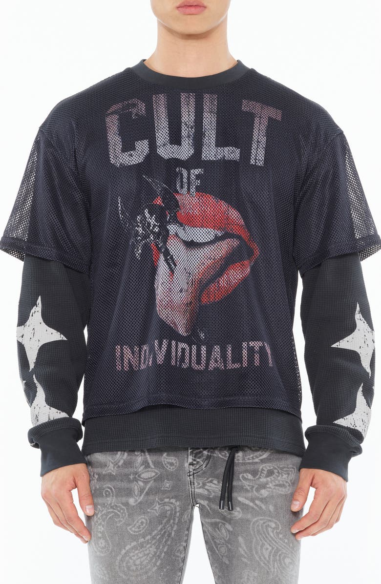 Cult of Individuality Thermal Sleeve Cotton Mesh Graphic T-Shirt, Main, color, 