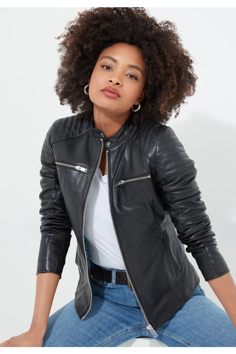 Leather Zip Biker Jacket, Main, color, BLACK