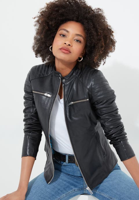 Leather Zip Biker Jacket (Plus)
