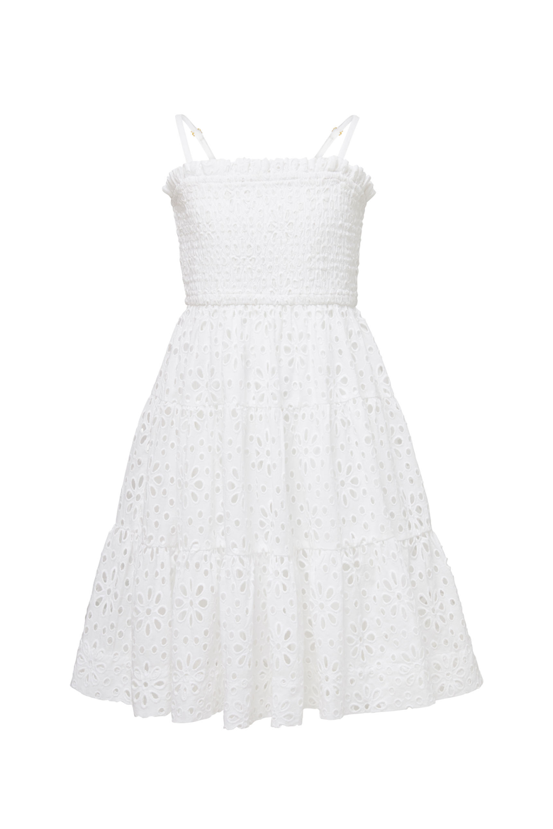 Lila Smocked Eyelet Tiered Dress, Main, color, Fresh White Eyelet
