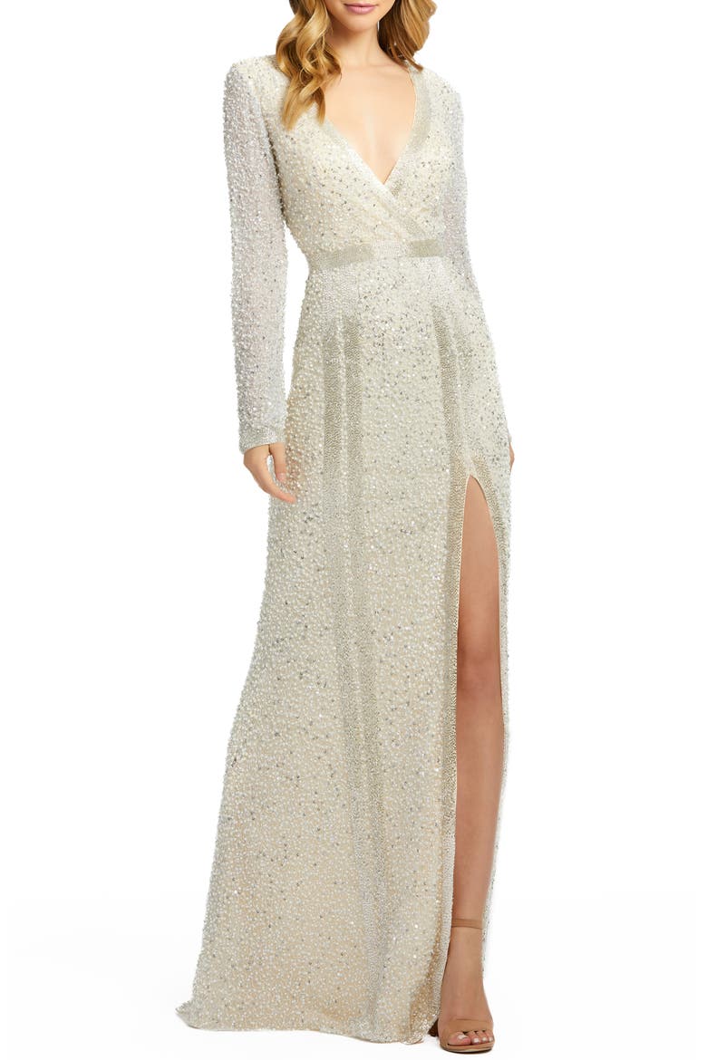 Sequin Beaded Long Sleeve Gown, Main, color, OYSTER