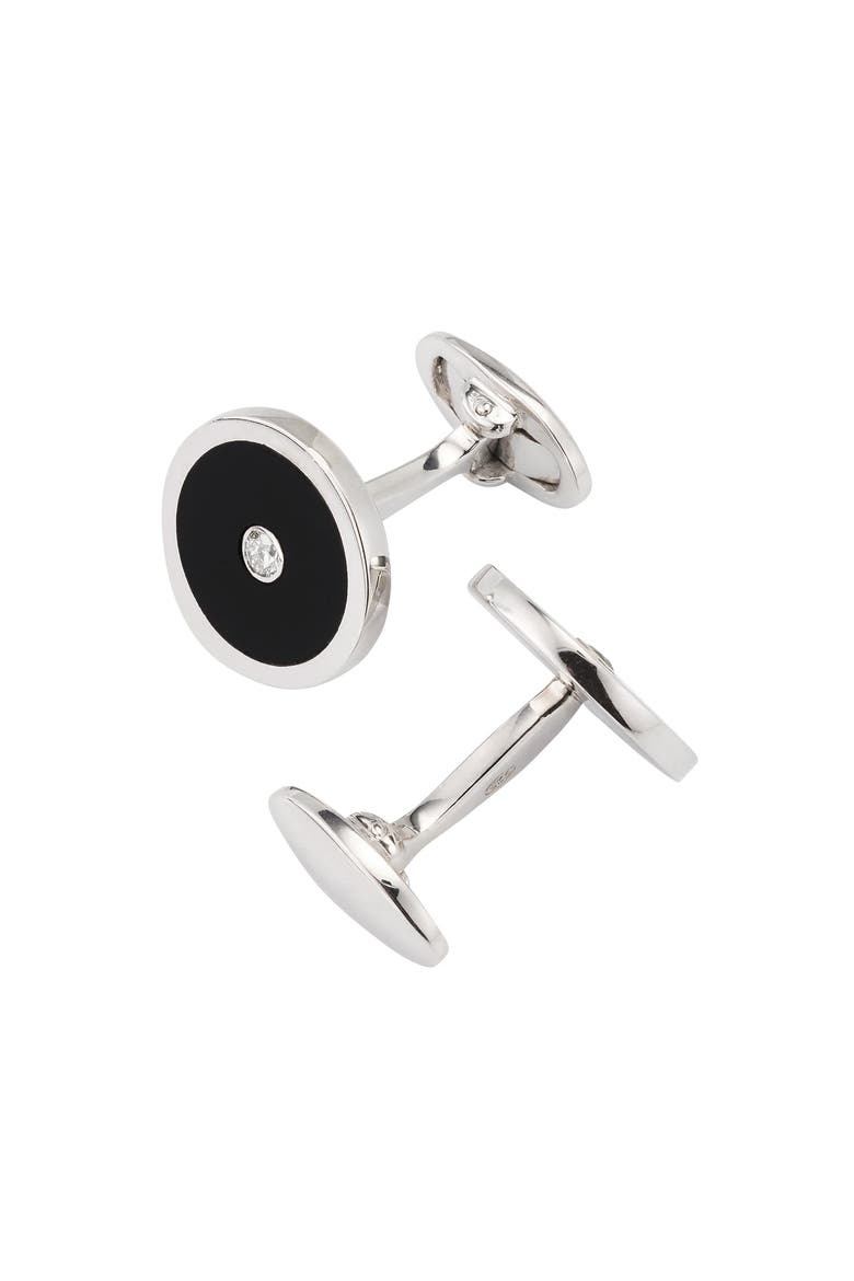 Black Onyx and Diamond Sterling Silver Round Cufflinks, Alternate, color, BLACK