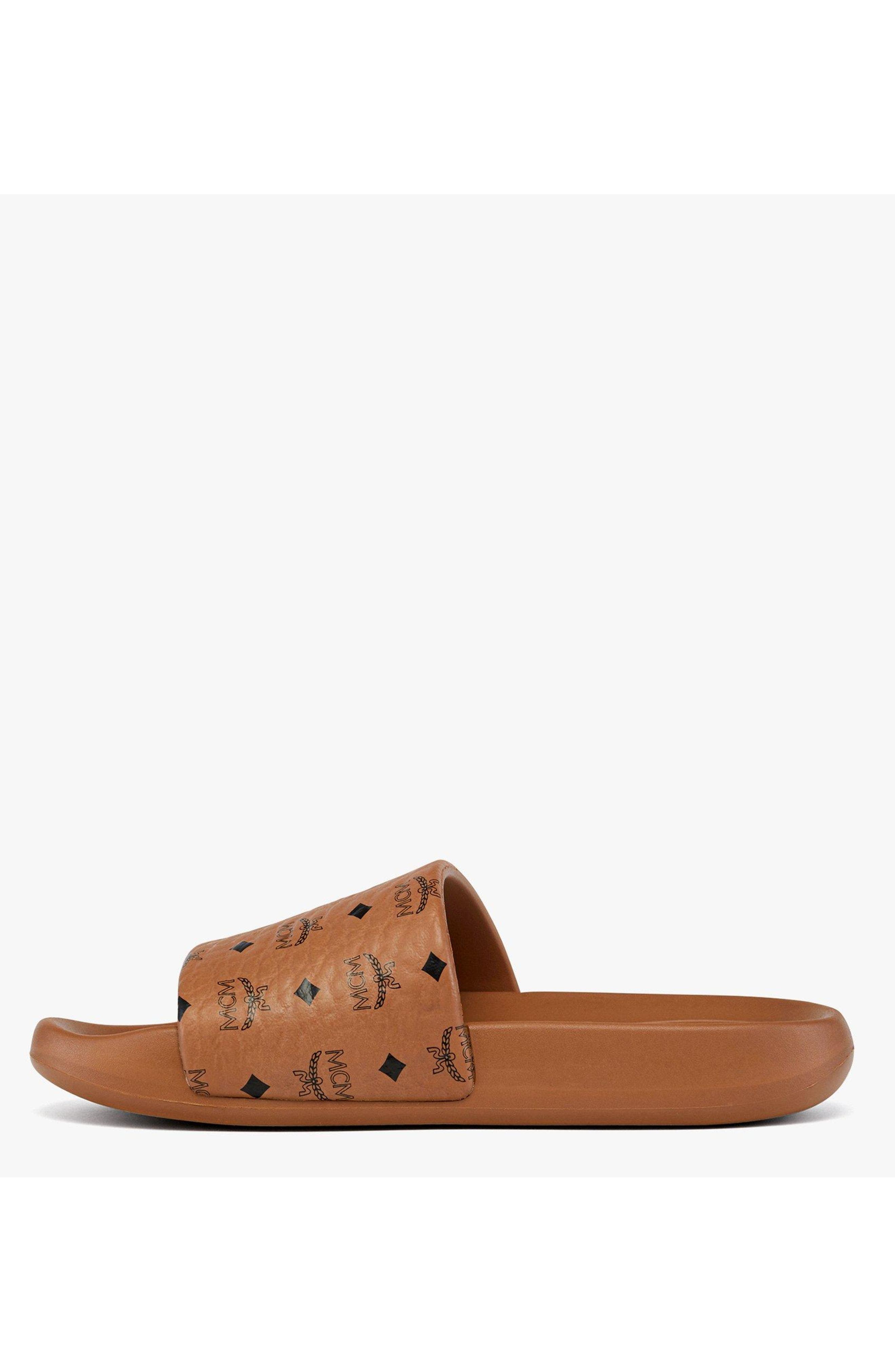 MCM Monogram Print Rubber Slides, Alternate, color, Cognac