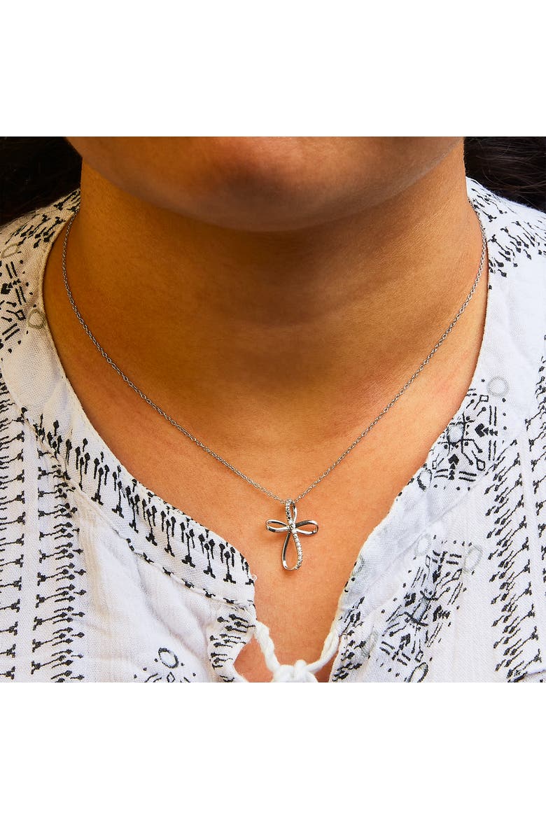 .925 Sterling Silver Diamond Accent Cross Ribbon 18" Pendant Necklace, Alternate, color, White