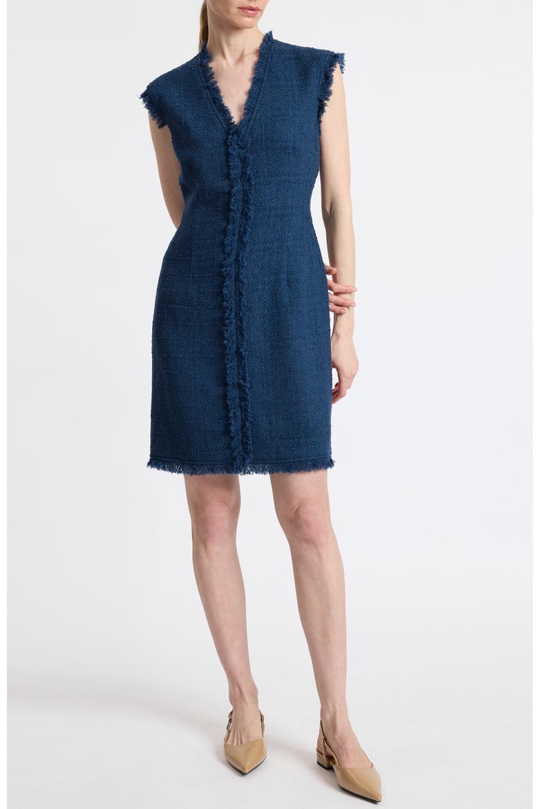 Tuscany Sleeveless V-Neck Tweed Dress with Fringe Detail, Main, color, Steel Teal