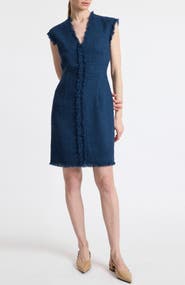 Santorelli Tuscany Sleeveless V-Neck Tweed Dress with Fringe Detail