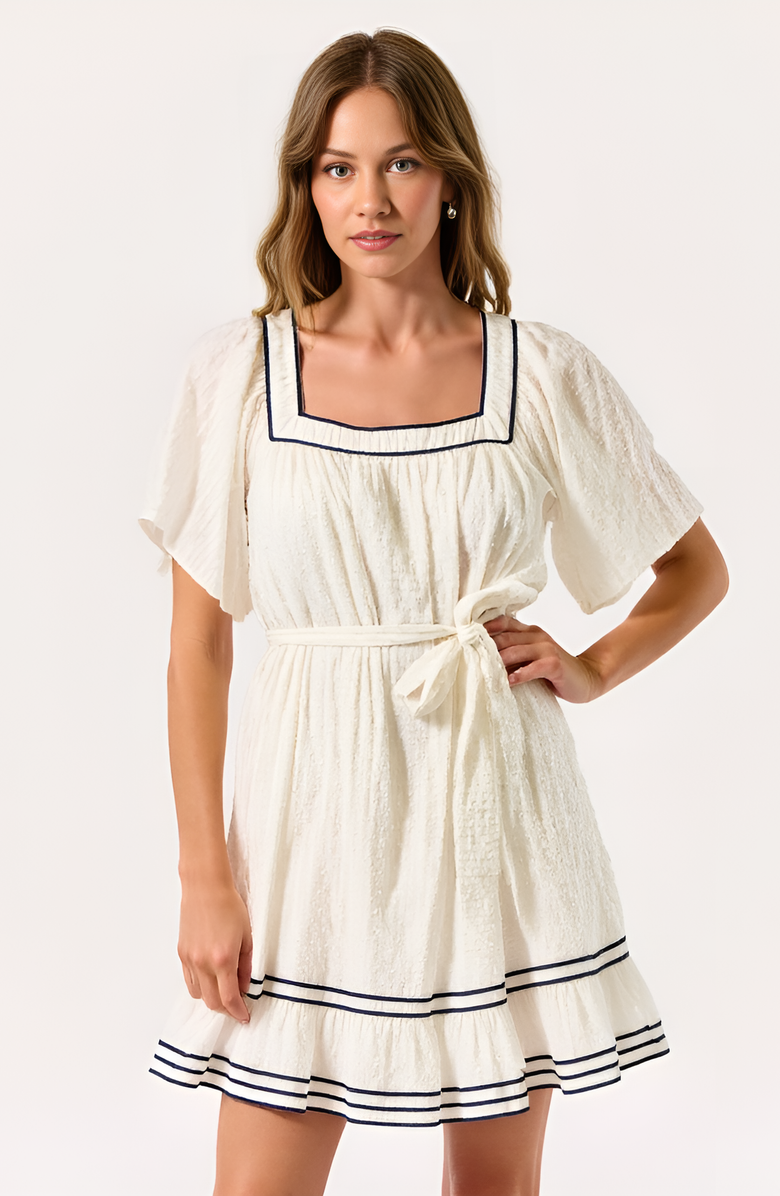 Modenaire Short-Sleeve Square-Neck Contrast Trim Mini Dress, Alternate, color, Ivory