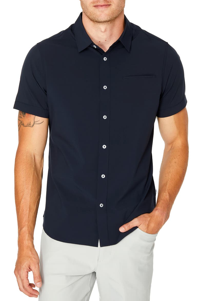 Grant Solid Performance Short Sleeve Button-Up Shirt, Main, color, NAVY
