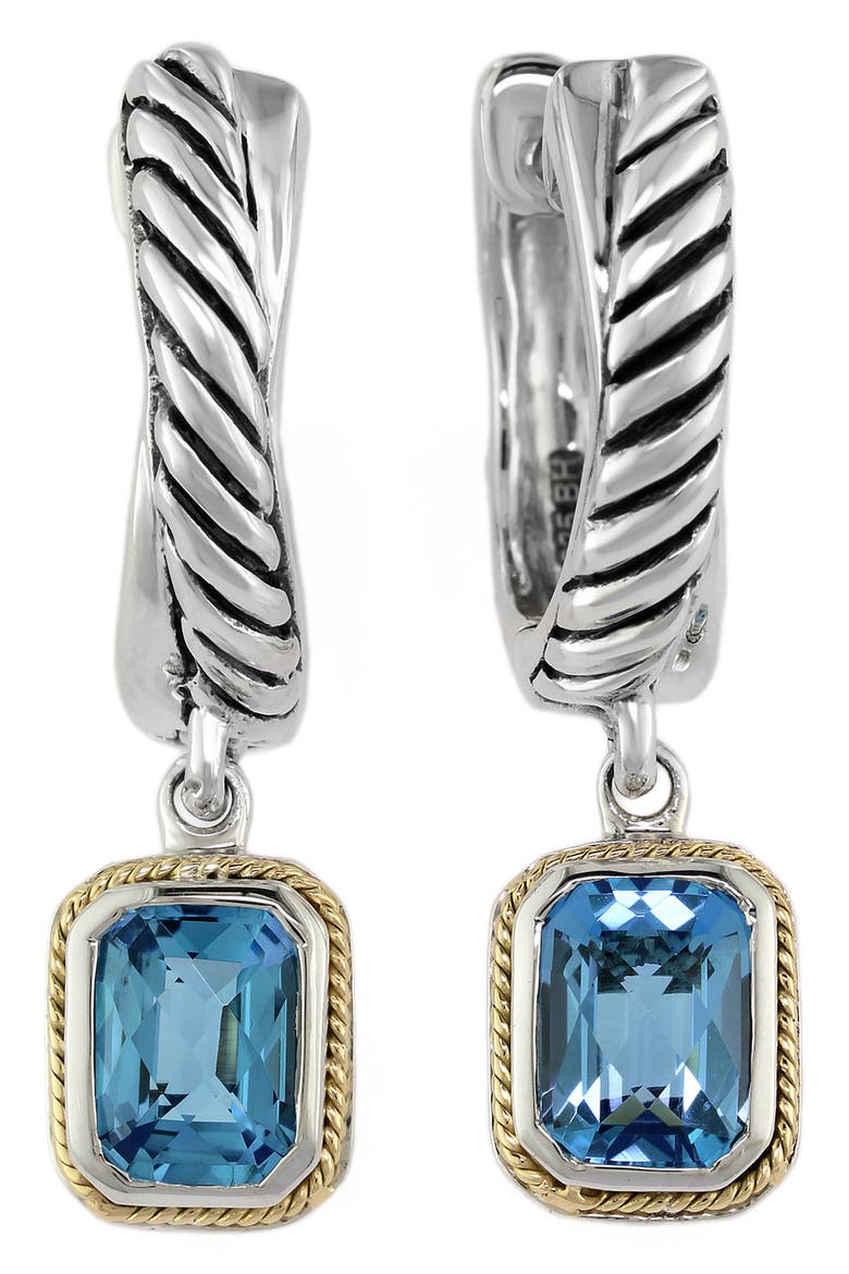 Sterling Silver & 18K Gold Blue Topaz Drop Huggie Hoop Earrings, Main, color, BLUE