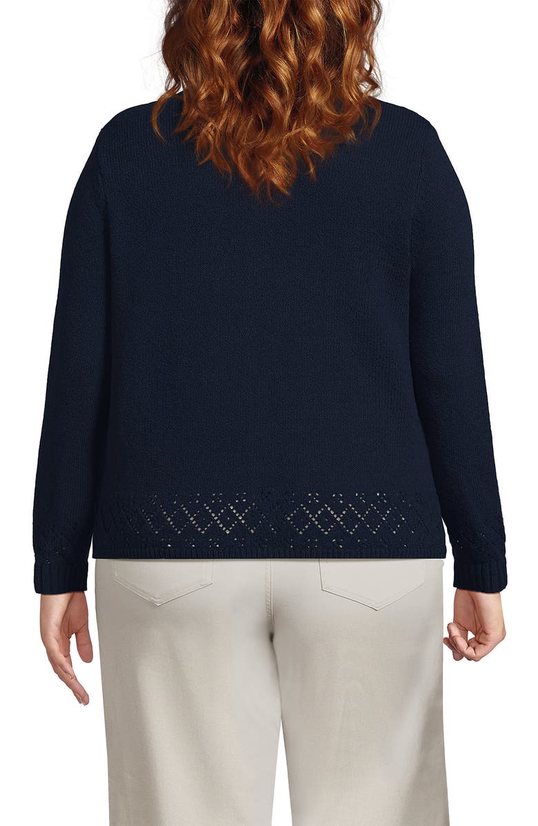 Lands' End Plus Size Pointelle Crew Neck Cardigan Sweater, Alternate, color, Radiant Navy