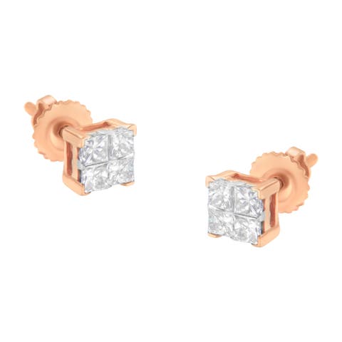 10KT Gold Princess Diamond Composite Stud Earrings
