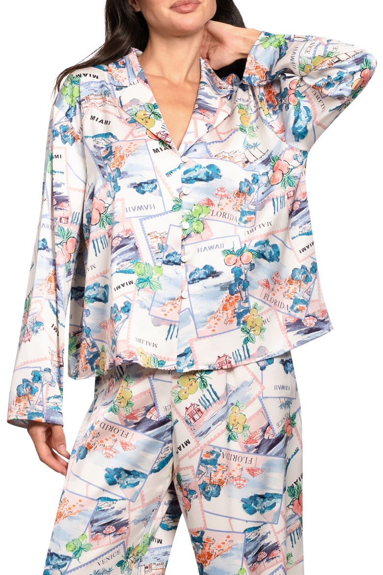 Print Satin Pajamas, Alternate, color, WHITE