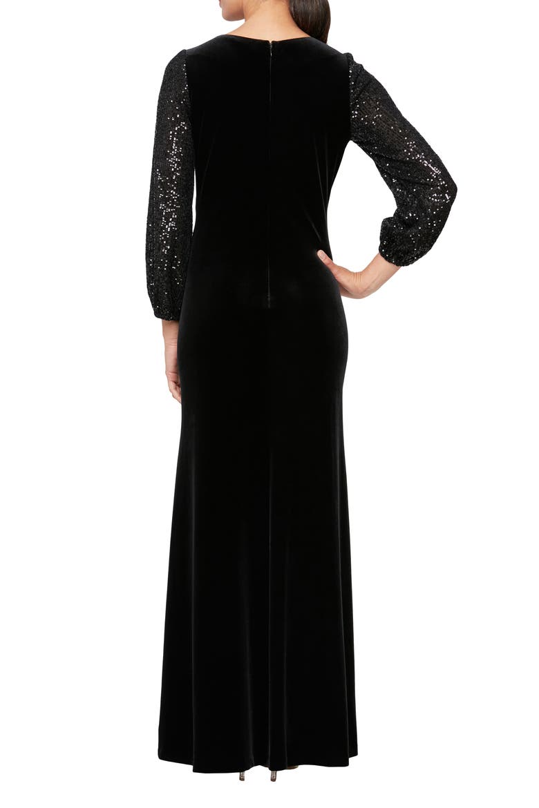 Mixed Media Sequin & Velvet Long Sleeve Gown, Alternate, color, BLACK