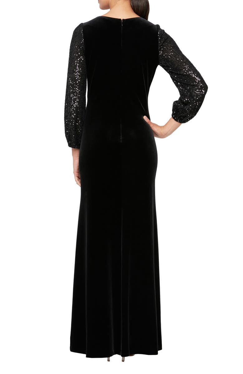 Alex Evenings Mixed Media Sequin & Velvet Long Sleeve Gown, Alternate, color, Black