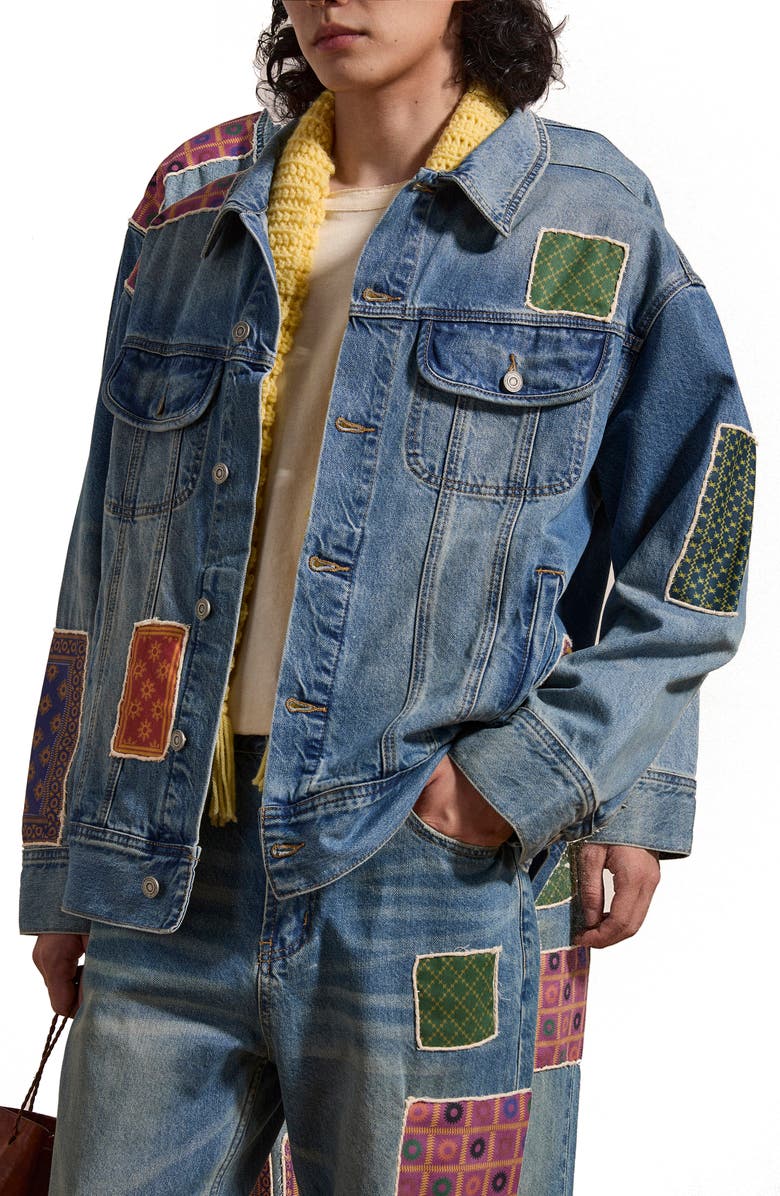 FOUND Kantha Patchwork Denim Trucker Jacket, Alternate, color, 