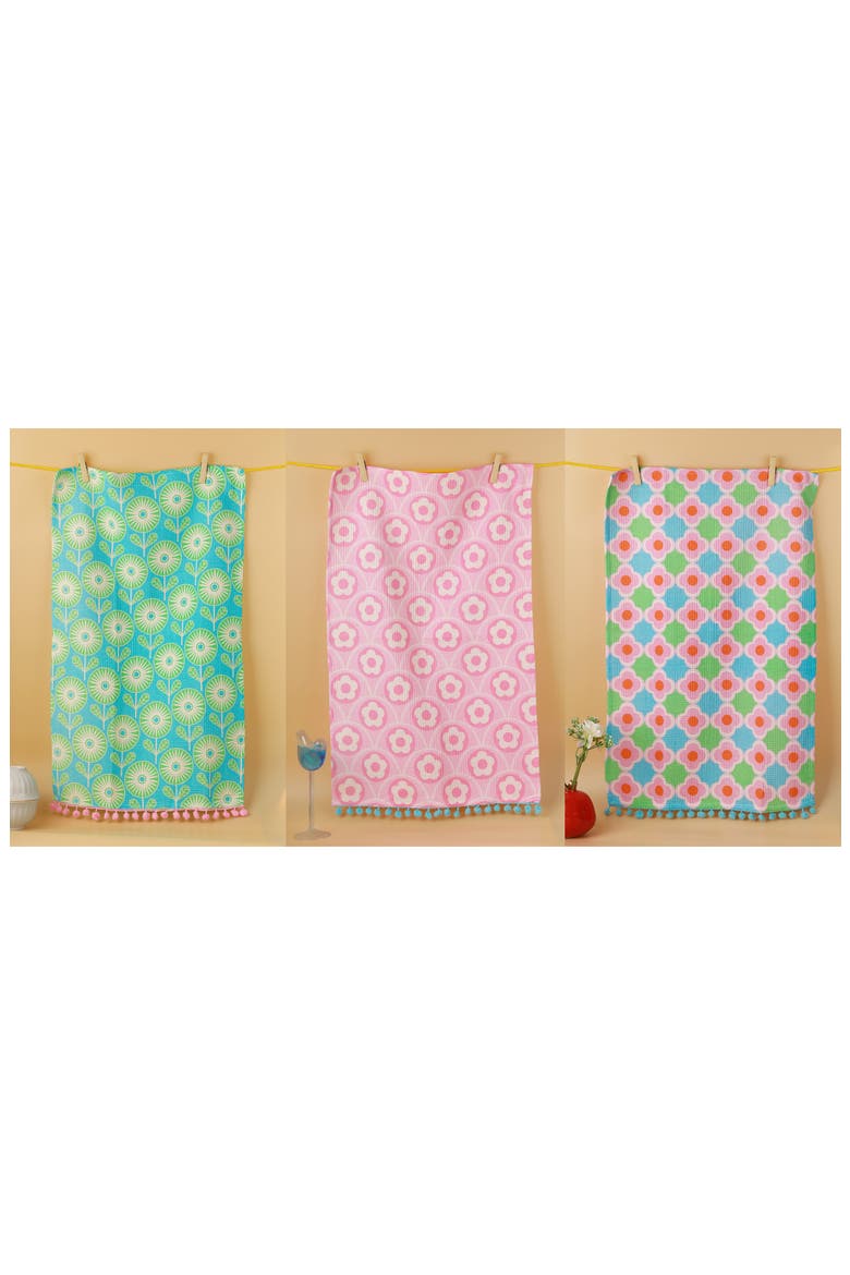 Retro Pop Floral Set of 3 Kitchen Towels, Alternate, color, PINK/ AQUA BLUE/ GREY