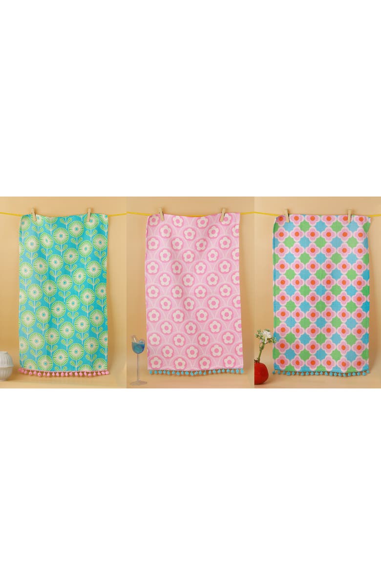 Tiramisu Retro Pop Floral Set of 3 Kitchen Towels, Alternate, color, Pink/ Aqua Blue/ Grey