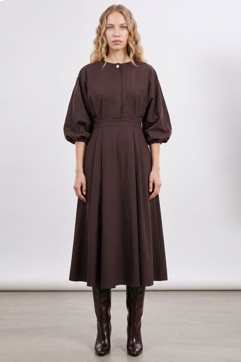 Balloon Sleeve Midi Dress With Elastic Back Waist