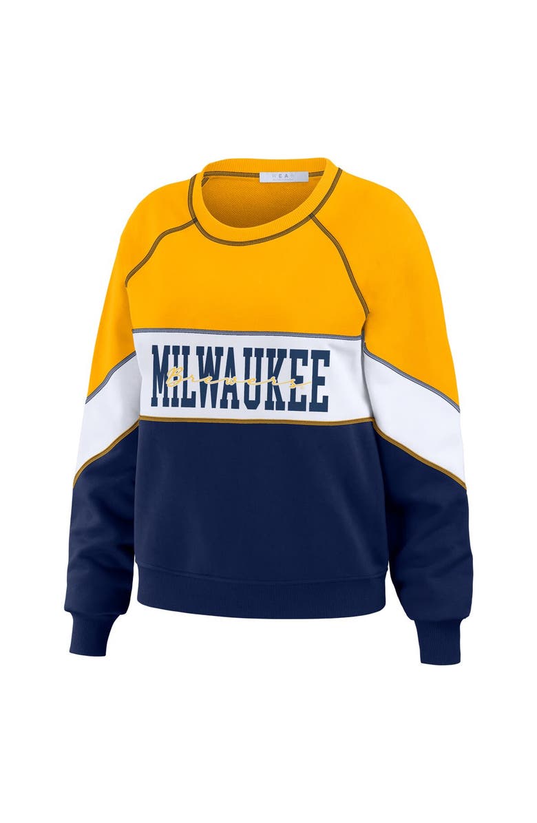 WEAR by Erin Andrews Women's WEAR by Erin Andrews Gold/Navy Milwaukee Brewers Color Block Crew Neck Pullover Sweatshirt, Alternate, color,