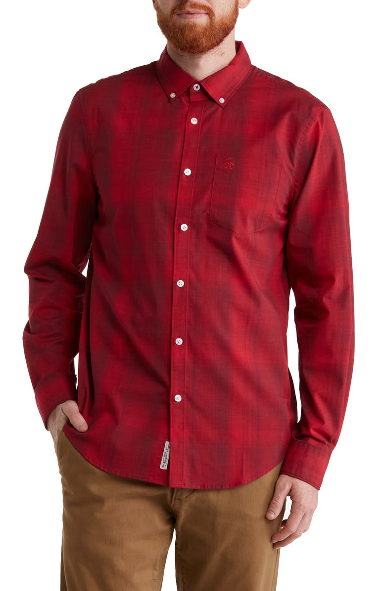 Original Penguin Plaid Long Sleeve Button-Down Shirt, Main, color, Scarlet Sage