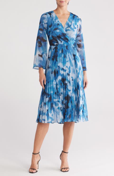 Floral Long Sleeve Pleated Chiffon Midi Dress