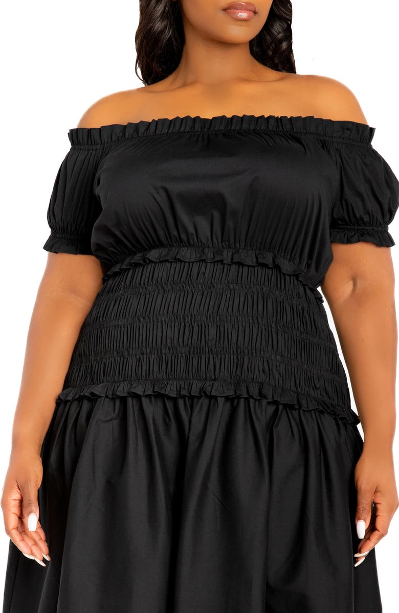 BUXOM COUTURE Off the Shoulder Midi Dress, Alternate, color, Black