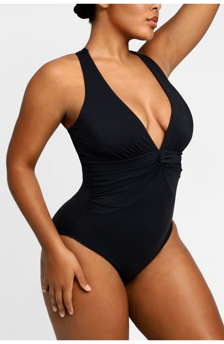 Shapellx Plunge Ruched Twist-Front One Piece Swimsuit, Alternate, color, Jet Black