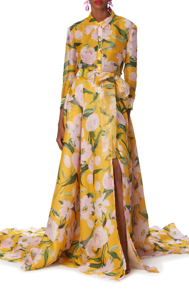 Carolina Herrera Peony Print Long Sleeve Silk Organza Trench Gown, Main, color, 