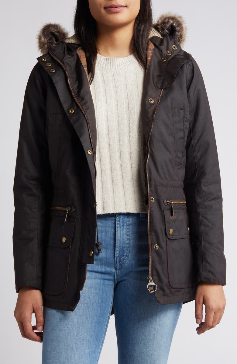 Barbour Kelsall Faux Fur 
Faux Shearling Trim Waxed Cotton Parka, Alternate, color, 