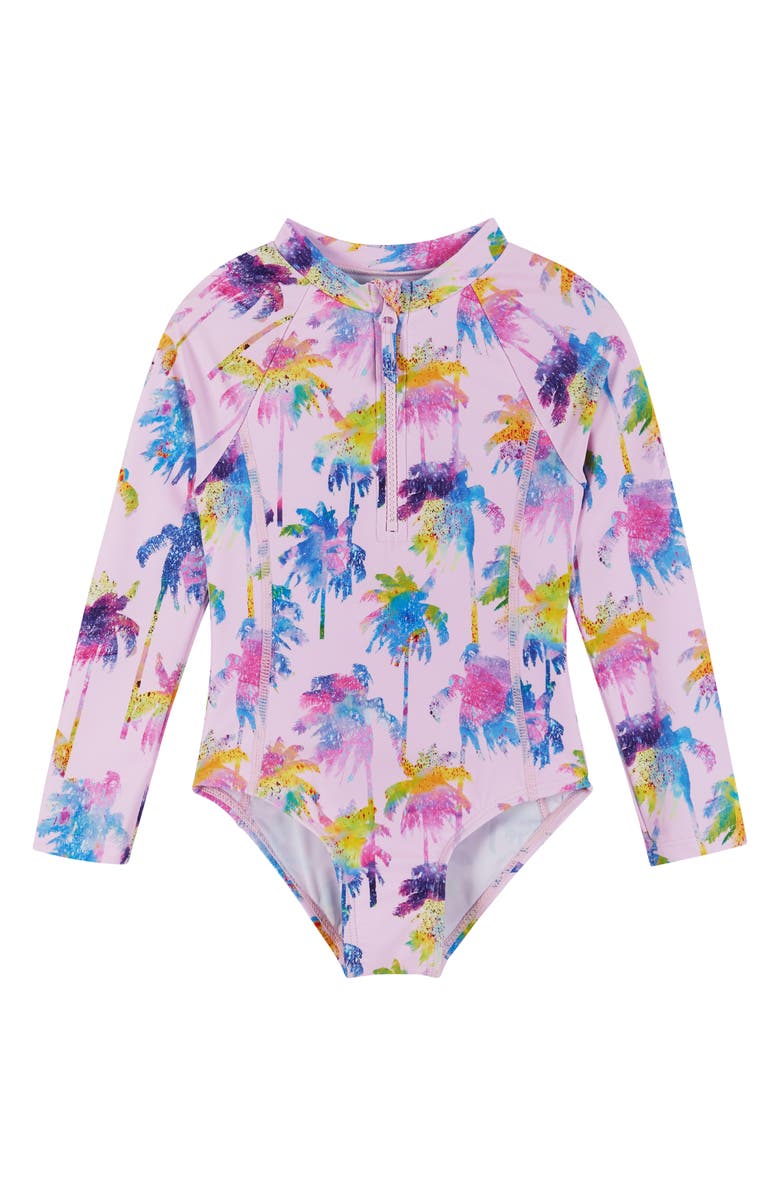 Andy & Evan Kids' Palm Tree Long Sleeve One-Piece Rashguard Swimsuit & Scrunchie Set, Main, color, 