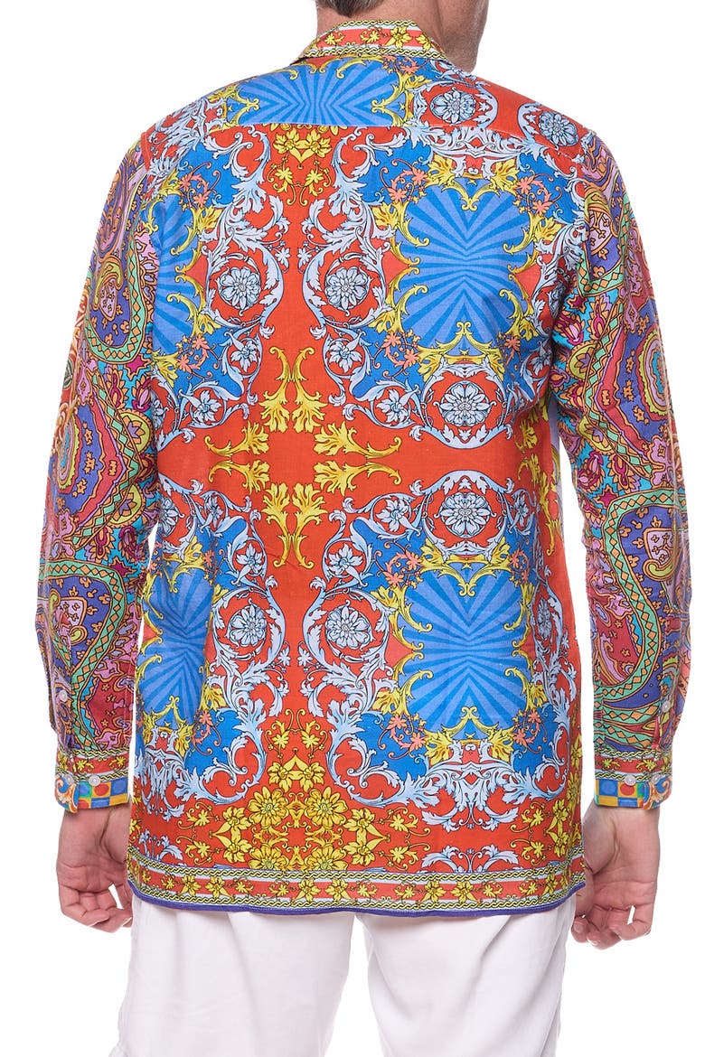 Filigree Print Linen & Cotton Blend Button-Up Shirt, Alternate, color, BLUE